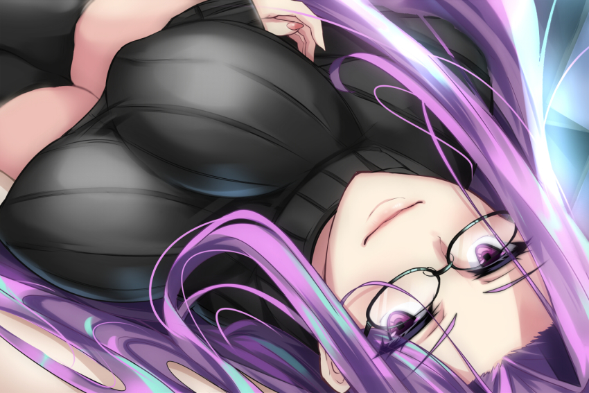 1girl, black_sweater, blush, breasts, fate/stay_night, fate_(series), forehead, glasses