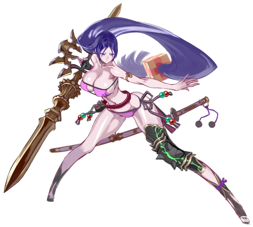 1girl, armlet, beads, bikini, breasts, choker, cleavage, commentary_request, eyepatch_bikini, fate/grand_order, fate_(series), gloves, highres, honjou_raita, jewelry, katana, large_breasts, legs_apart, long_hair, low-tied_long_hair, minamoto_no_raikou_(fate), minamoto_no_raikou_(fate/grand_order), minamoto_no_raikou_(swimsuit_lancer)_(fate), minamoto_no_raikou_(swimsuit_lancer)_(third_ascension)_(fate), parted_bangs, purple_bikini, purple_eyes, purple_hair, revision, sandals, shin_guards, side-tie_bikini_bottom, simple_background, single_glove, solo, strapless, strapless_bikini, swimsuit, sword, vajra_(object), very_long_hair, weapon, white_background