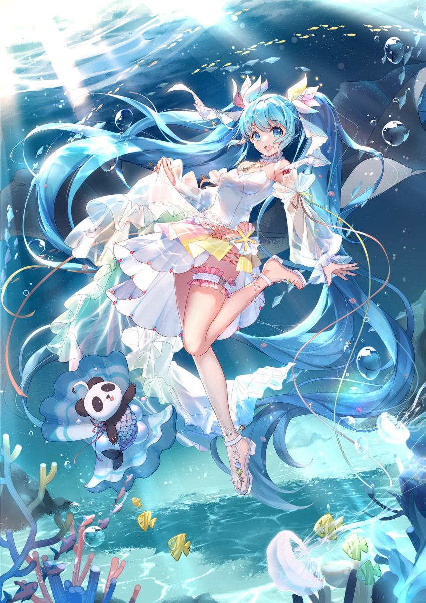 1girl, :d, air_bubble, barefoot, bison_cangshu, blue_eyes, blue_hair, breasts, bubble, caustics, clam_shell, commentary_request, coral, detached_sleeves, dress, fish, frills, full_body, gem, hair_ornament, hatsune_miku, hatsune_miku_(miku_with_you_2020), high_heels, highres, jewelry, light_rays, long_hair, looking_at_viewer, medium_breasts, mermaid_costume, necklace, open_mouth, panda, pearl_(gemstone), sandals, see-through_clothes, see-through_sleeves, smile, solo, submerged, textless_version, thigh_strap, twintails, underwater, very_long_hair, vocaloid, water