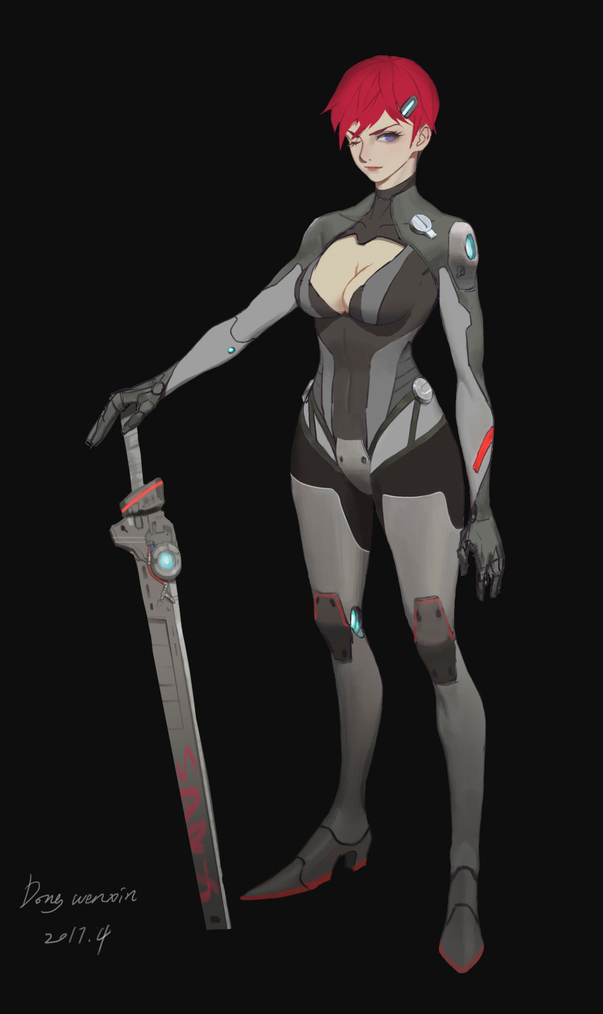 1girl, absurdres, arm_at_side, artist_name, black_background, bodysuit, breasts, cleavage, closed_mouth, dated, dong_wensen, full_body, hair_ornament, highres, joints, large_breasts, looking_at_viewer, one_eye_closed, original, planted_sword, planted, purple_eyes, red_hair, robot_joints, short_hair, simple_background, sketch, standing, sword, weapon