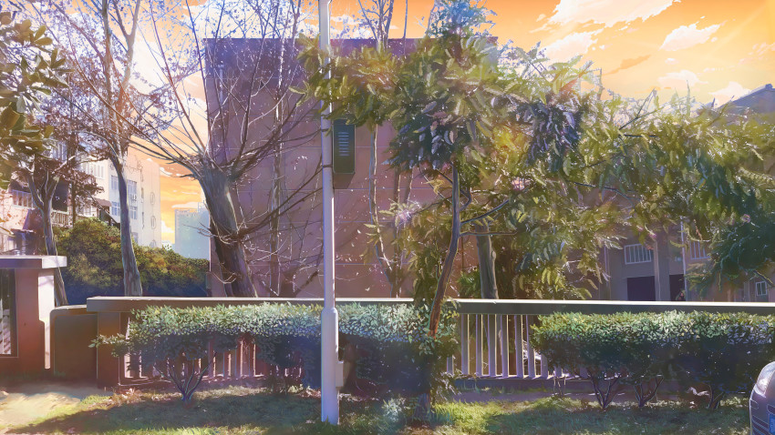 absurdres, bare_tree, building, bush, dong_wensen, fence, highres, no_humans