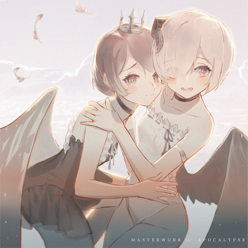 2girls, armlet, black_choker, black_eyes, brown_hair, choker, crown, dong_wensen