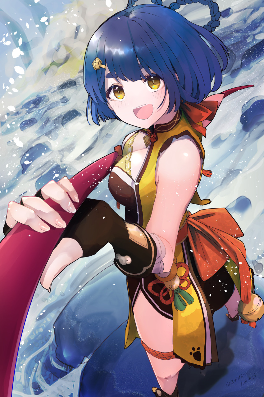 1girl, :d, absurdres, bell, blue_hair, braid, breasts, china_dress, chinese_clothes, cleavage, dress, fingerless_gloves, full_body, genshin_impact, gloves, hair_ornament, hairclip, highres, hitotu_no_naka, holding, holding_weapon, jingle_bell, medium_breasts, open_mouth, polearm, short_eyebrows, short_hair, sleeveless, sleeveless_dress, smile, snow, solo, spear, thick_eyebrows, twin_braids, weapon, xiangling_(genshin_impact), yellow_eyes