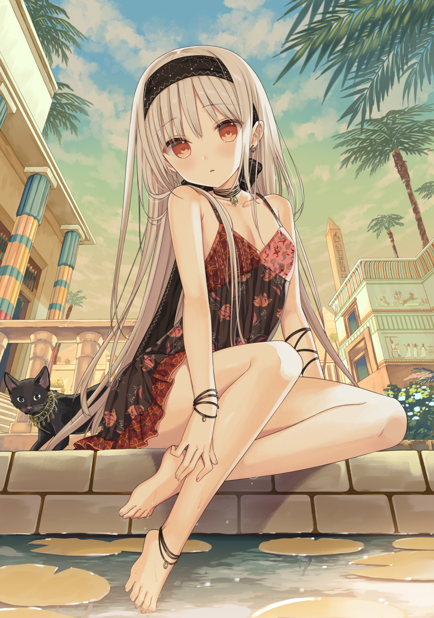 1girl, anklet, bare_shoulders, barefoot, black_cat, black_dress, bracelet, breasts