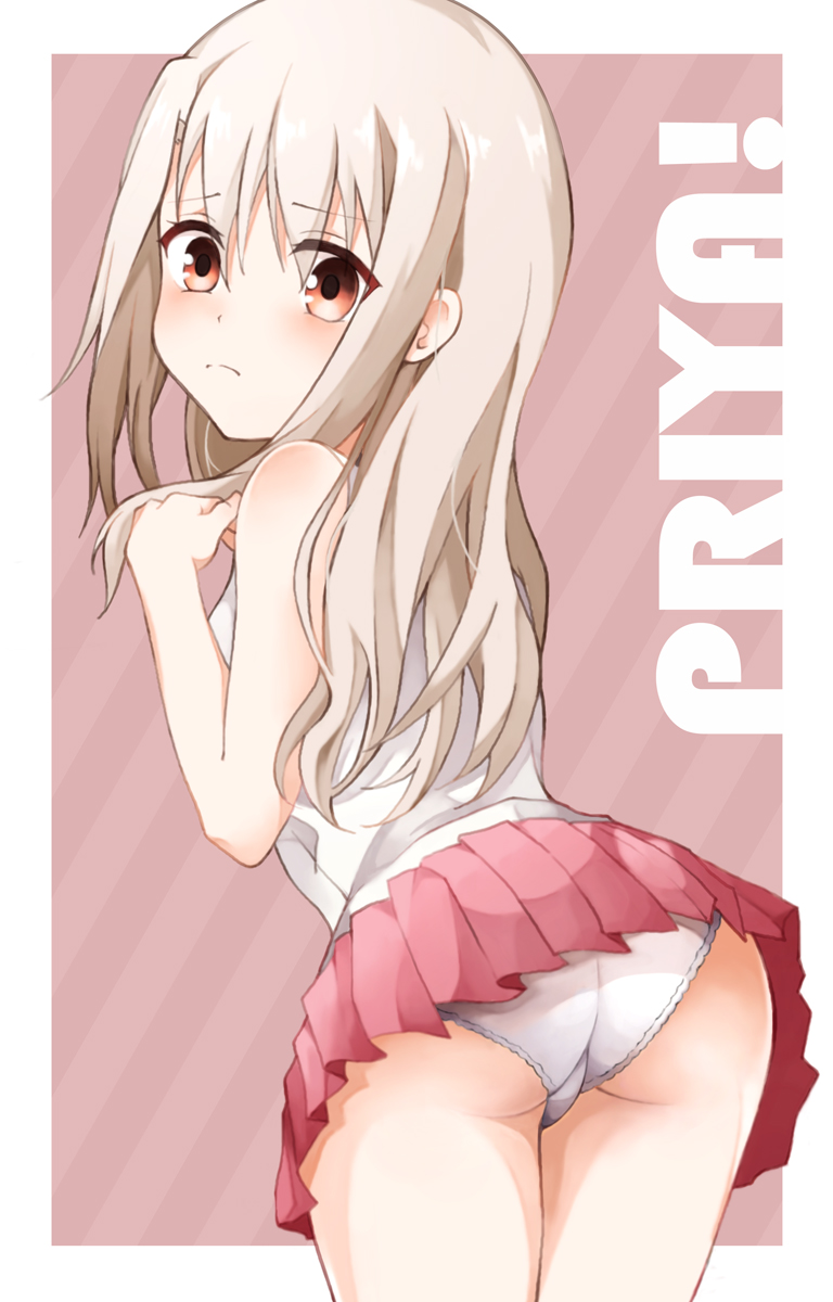 1girl, ass, blush, breasts, fate/kaleid_liner_prisma_illya, fate_(series), highres, illyasviel_von_einzbern, long_hair, looking_at_viewer, looking_back, mochi_(k620803n), orange_eyes, panties, pink_skirt, shirt, skirt, sleeveless, sleeveless_shirt, small_breasts, solo, thighs, underwear, white_hair, white_panties, white_shirt