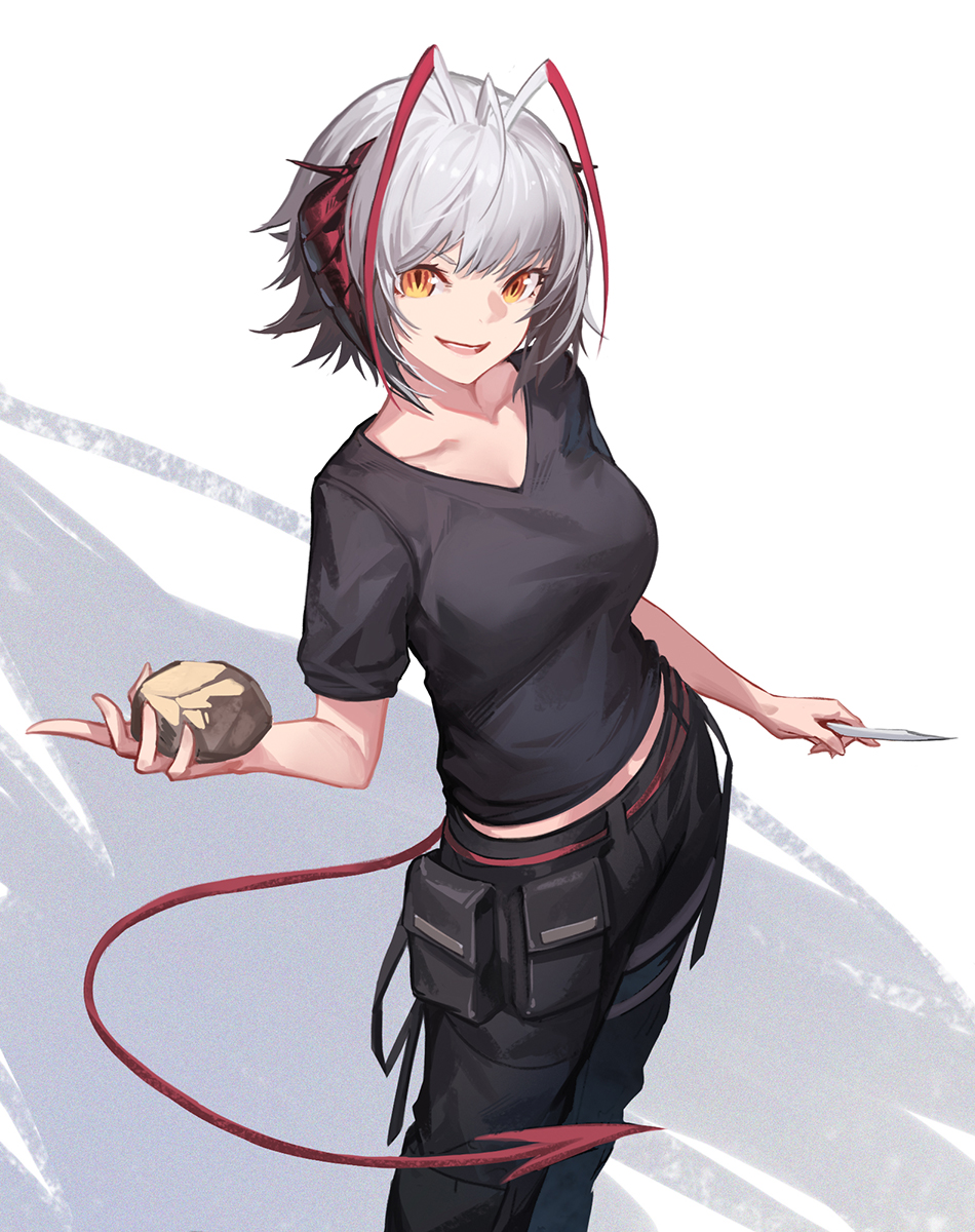 1girl, :d, ahoge, antenna_hair, arknights, black_pants, black_shirt, breasts