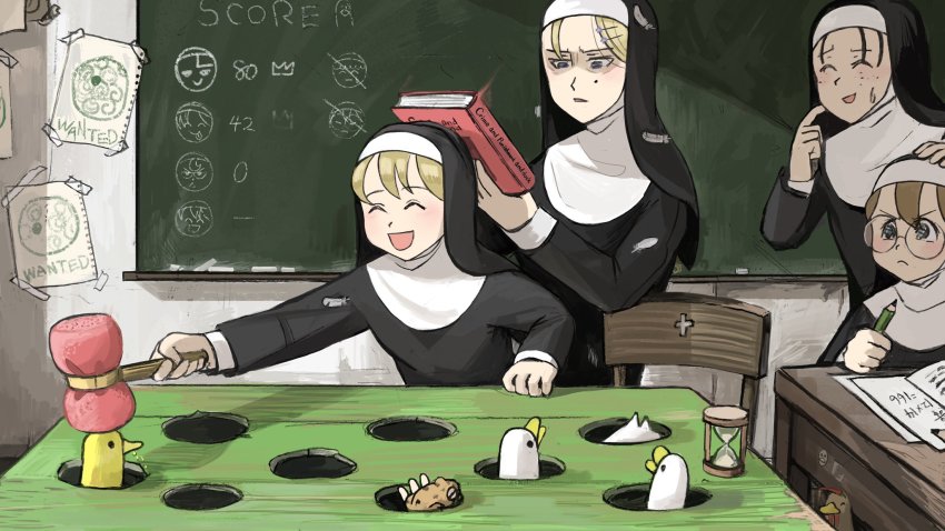 5girls, :<, :d, ^_^, animal, animal_on_hand, bird, blonde_hair