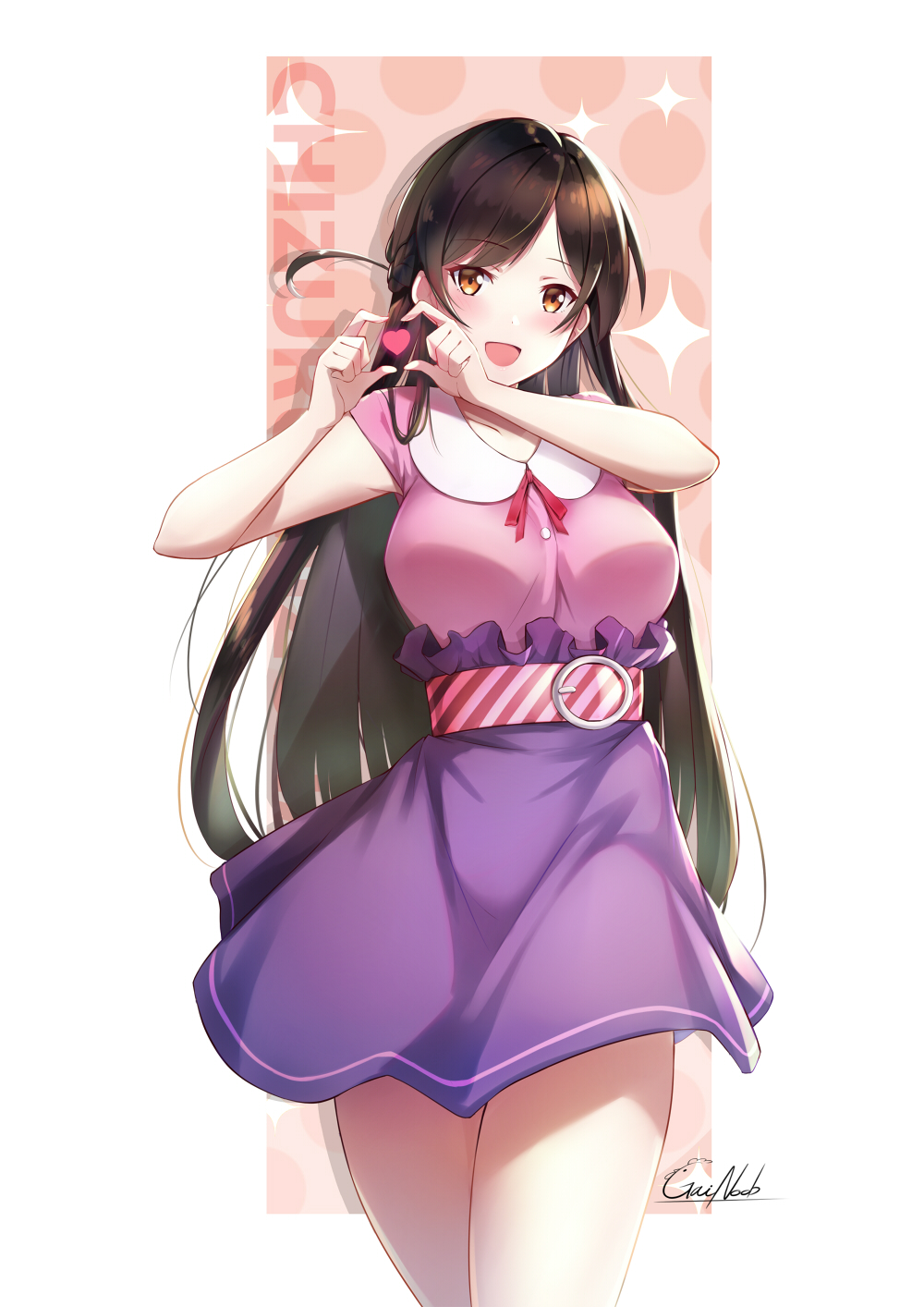 1girl, :d, bad_id, bad_pixiv_id, belt, blush, brown_eyes, brown_hair