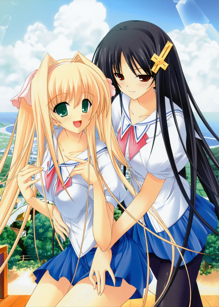 00s, 2girls, absurdres, asakura_naoko, black_hair, blonde_hair, green_eyes, hayama_umi
