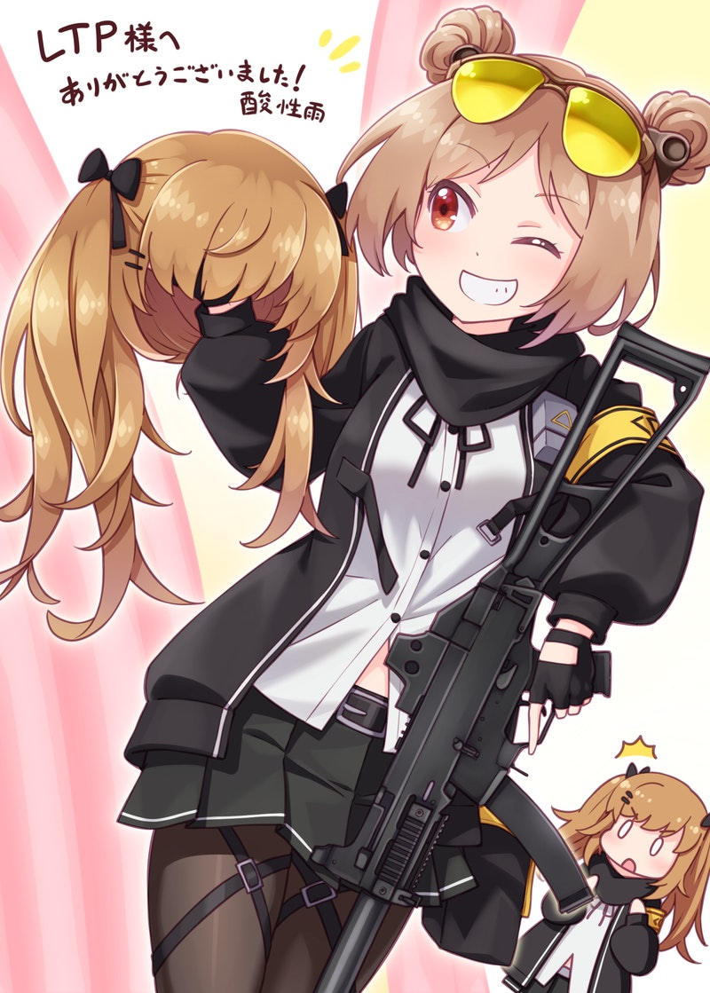2girls, breasts, commission, cosplay, double_bun, eyewear_on_head, girls'_frontline, grin