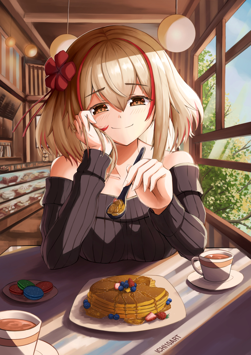 1girl, artist_name, azur_lane, bare_shoulders, black_sweater, blonde_hair, breast_rest, breasts, breasts_on_table, cafe, ceiling_light, closed_mouth, collarbone, commentary, cup, day, english_commentary, flower, food, hair_between_eyes, hair_flower, hair_ornament, head_rest, highres, ichi10art, incoming_food, indoors, long_sleeves, looking_at_viewer, macaron, medium_breasts, multicolored_hair, off-shoulder_sweater, off_shoulder, pancake, pov, ribbed_sweater, roon_(azur_lane), saucer, short_hair, sidelocks, smile, solo, spoon, streaked_hair, sunlight, sweater, table, tea, teacup, tree, window, yellow_eyes