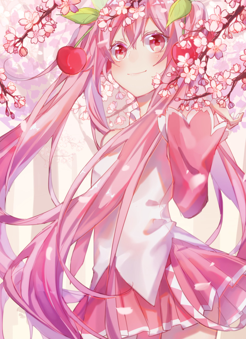 1girl, bare_shoulders, belt, branch, cherry_blossoms, cherry_hair_ornament, commentary, cowboy_shot