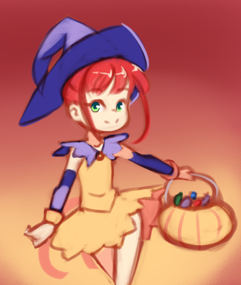 1girl, arm_warmers, basket, candy, candy_basket, collarbone, drantyno, dress, food, gradient_background, green_eyes, halloween, halloween_bucket, hat, holding, looking_at_viewer, orange_background, orange_dress, pumpkin, purple_headwear, red_hair, short_hair, sleeveless, sleeveless_dress, smile, standing, witch, witch_hat