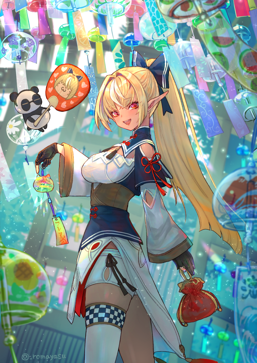 1girl, arm_at_side, asymmetrical_legwear, bag, black_gloves, blonde_hair, blue_bow, blunt_ends