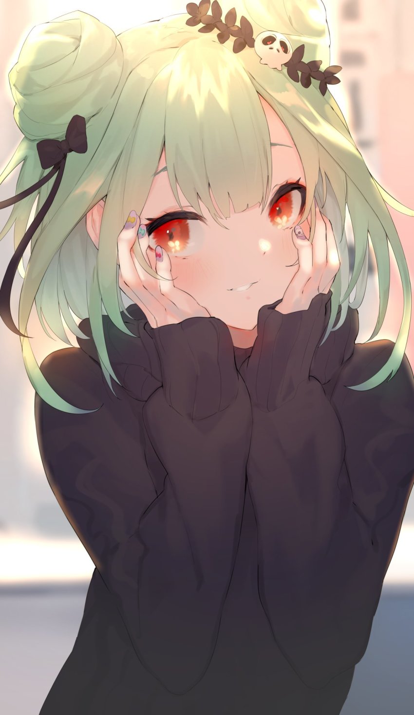 1girl, alternate_costume, black_sweater, blurry, blurry_background, bow, contrapposto, double_bun