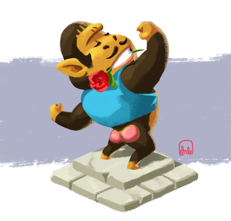 1boy, animal_crossing, animal_ears, arm_up, artist_name, ass, barefoot, blue_shirt, brown_hair, cesar_(animal_crossing), closed_eyes, dranka, facial_hair, flexing, flower, from_behind, full_body, furry, furry_male, grey_background, hand_up, male_focus, monkey_boy, mouth_hold, mustache, nintendo, pointy_ears, red_flower, red_rose, rose, shirt, short_hair, signature, simple_background, sleeveless, sleeveless_shirt, solo, standing, two-tone_background, very_short_hair