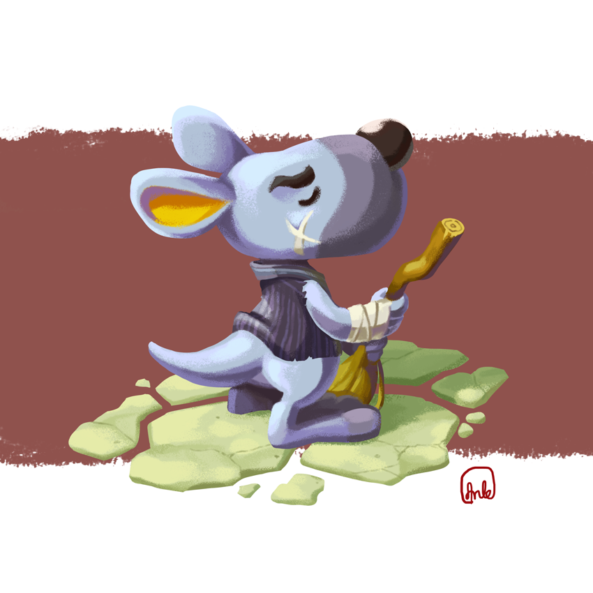 1boy, animal_crossing, animal_ears, artist_name, bandages, bandaged_arm, barefoot, black_shirt