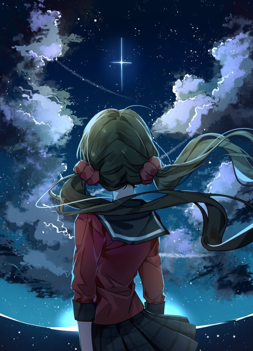 1girl, arms_at_sides, black_skirt, brown_hair, cloud, commentary_request, danganronpa_(series), danganronpa_v3:_killing_harmony