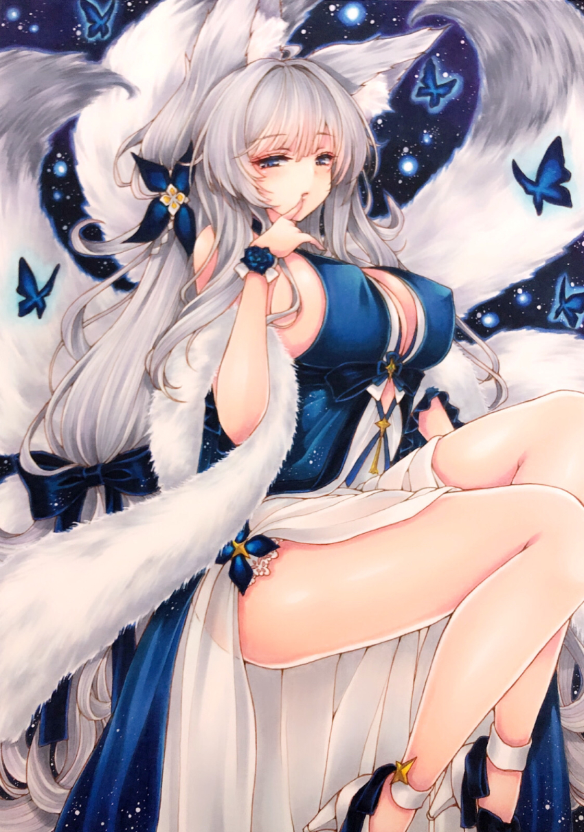 1girl, animal_ear_fluff, animal_ears, ass, azur_lane, blue_butterfly, blue_collar, blue_dress, blue_flower, breasts, bug, butterfly, center_opening, cleavage, collar, covered_erect_nipples, dress, evening_gown, feather_boa, finger_to_mouth, floating, flower, fox_ears, fox_girl, halter_dress, halterneck, high_heels, highres, huge_breasts, insect, kitsune, kyuubi, large_tail, long_hair, looking_at_viewer, low-tied_long_hair, mktr_(princess_mktr), multiple_tails, shinano_(azur_lane), shinano_(dreams_of_the_hazy_moon)_(azur_lane), sideboob, sitting, sleeveless, sleeveless_dress, solo, tail, traditional_media, very_long_hair, white_footwear, white_hair, white_tail, wrist_flower