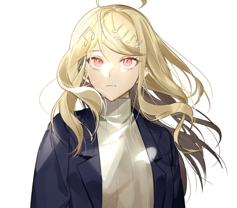 1girl, ahoge, akamatsu_kaede, alternate_costume, bad_id, bad_twitter_id, beige_sweater, black_jacket, blonde_hair, commentary_request, danganronpa_(series), danganronpa_v3:_killing_harmony, eighth_note, expressionless, floating_hair, fortissimo, hair_ornament, jacket, long_hair, looking_at_viewer, messy_hair, musical_note, musical_note_hair_ornament, open_clothes, open_jacket, pink_eyes, ribbed_sweater, sihye_(sihye1202), simple_background, solo, sweater, upper_body, white_background