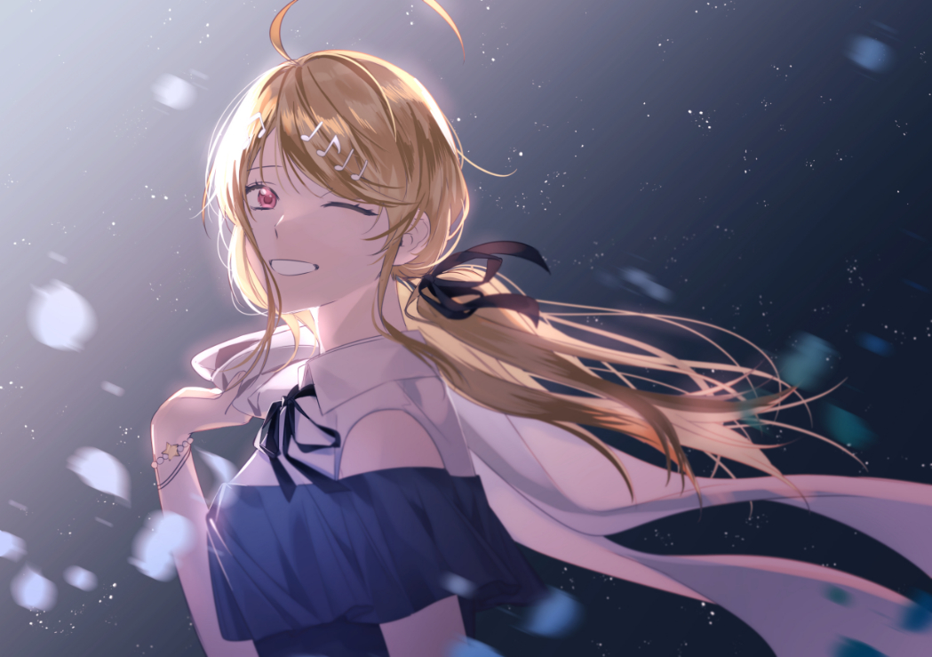 1girl, ahoge, akamatsu_kaede, alternate_costume, bad_id, bad_twitter_id, black_ribbon, blue_dress