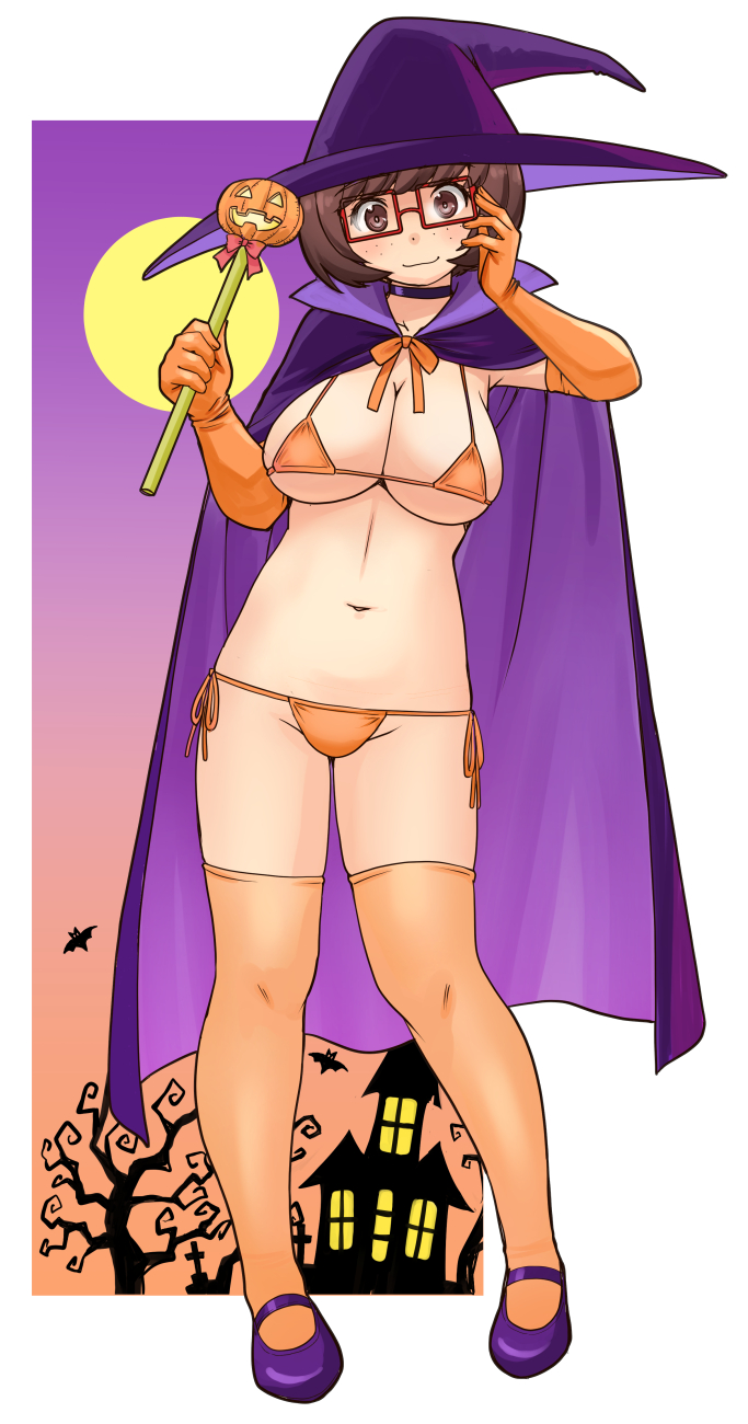 1girl, adjusting_eyewear, bare_tree, bat_(animal), bikini, black_choker, breasts, brown_eyes, brown_hair, building, cape, choker, cleavage, commentary, elbow_gloves, flats, freckles, full_body, full_moon, gloves, gradient_background, halloween, halloween_costume, hat, highres, holding, holding_wand, jack-o'-lantern, large_breasts, looking_at_viewer, moon, navel, orange_background, orange_bikini, orange_gloves, orange_thighhighs, outside_border, purple_background, purple_cape, purple_footwear, purple_hat, rectangular_eyewear, red-framed_eyewear, scooby-doo_(series), short_hair, side-tie_bikini_bottom, smile, solo, standing, string_bikini, swimsuit, thighhighs, tree, uona_telepin, velma_dinkley, wand, witch, witch_hat