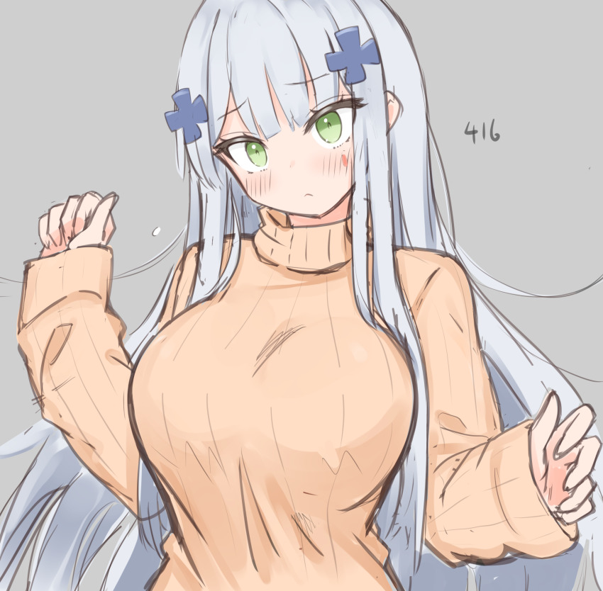 beige_sweater, blue_hair, blunt_bangs, blush, breasts, character_name, closed_mouth, embarrassed