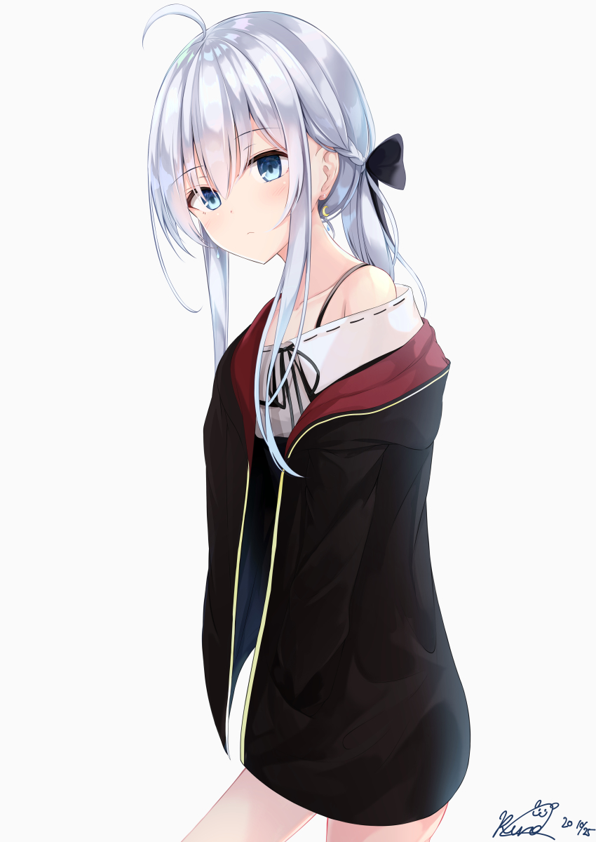 1girl, absurdres, ahoge, alternate_costume, alternate_hairstyle, black_jacket, blue_eyes, bow