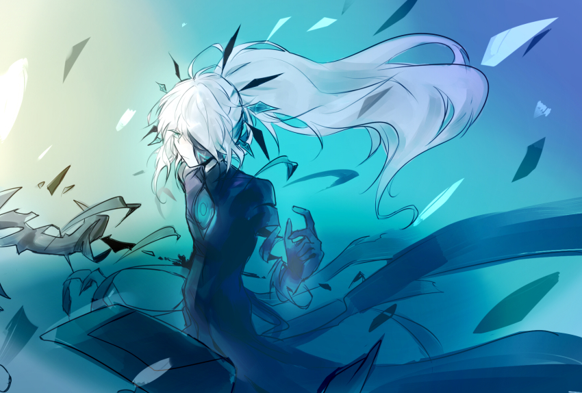 1boy, ainchase_ishmael, black_coat, black_gloves, blue_eyes, coat, corruption, detached_arm