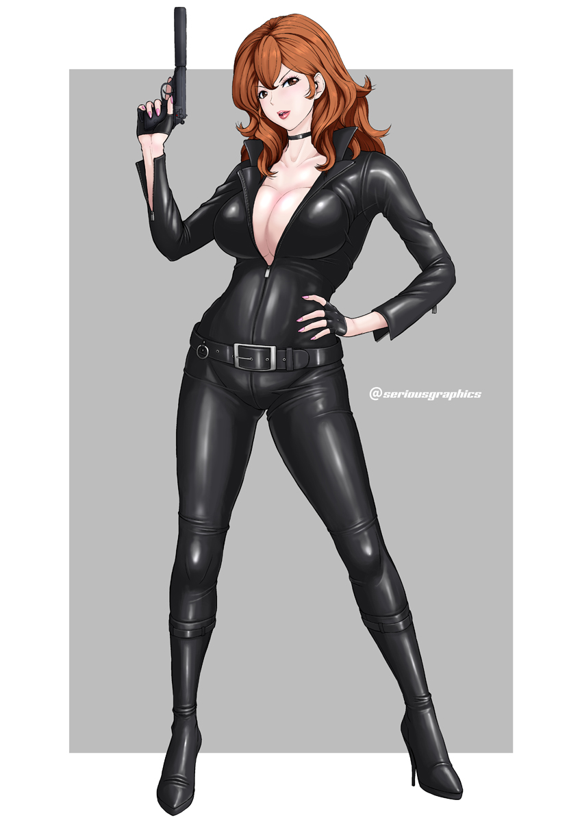 1girl, belt, biker_clothes, bikesuit, black_bodysuit, bodysuit, breasts, brown_eyes, cleavage, commentary_request, gun, handgun, high_heels, highres, large_breasts, latex, light_brown_hair, lipstick, lupin_iii, makeup, medium_hair, mine_fujiko, pistol, serious_graphics, sidelocks, skin_tight, solo, suppressor, twitter_username, wavy_hair, weapon
