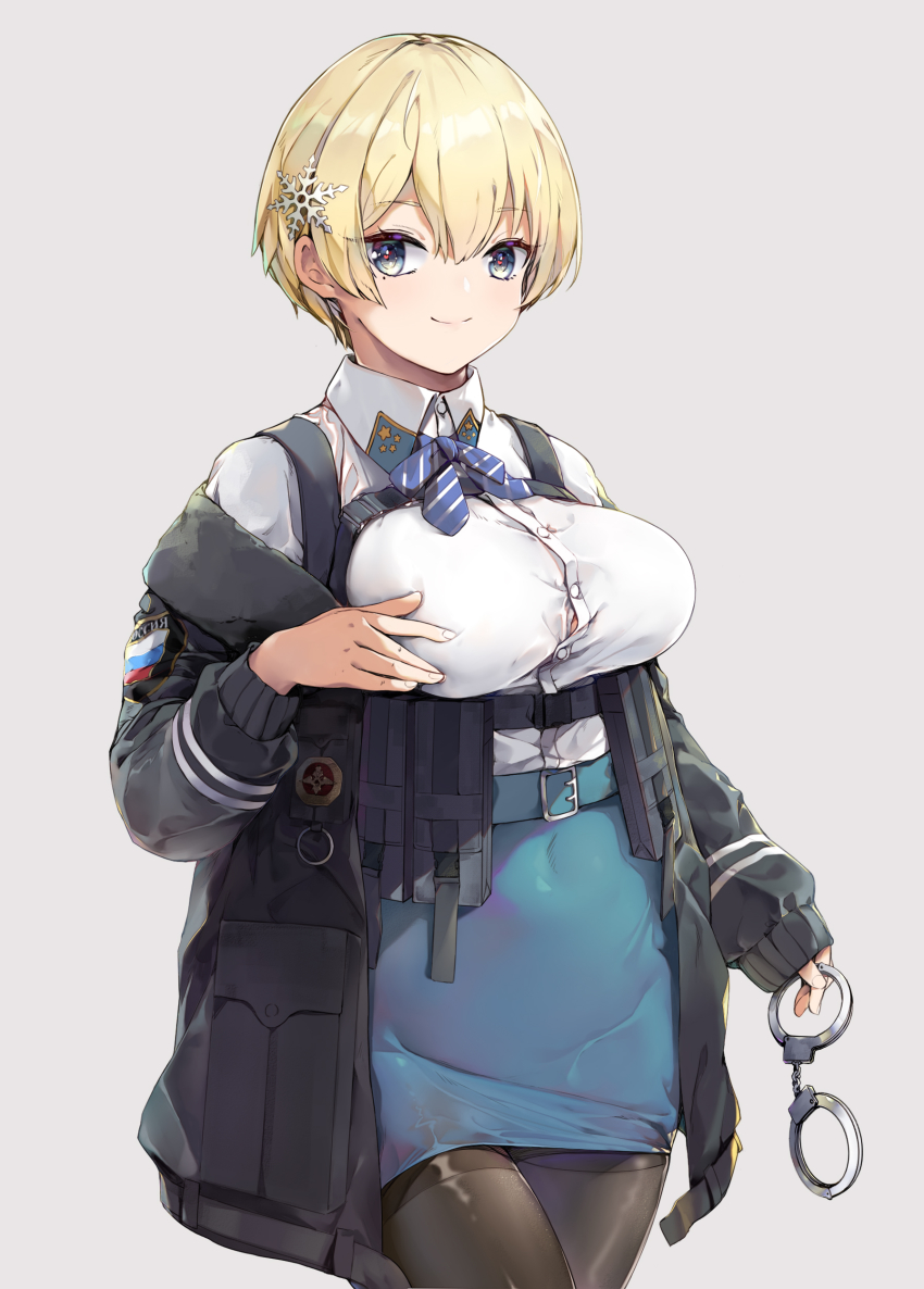 1girl, absurdres, belt, black_gloves, black_jacket, black_pantyhose, blonde_hair, blue_belt, blue_eyes, blue_ribbon, blue_skirt, breasts, buckle, button_gap, chinese_commentary, collared_shirt, commentary_request, covered_navel, cowboy_shot, cuffs, framed_breasts, girls'_frontline, gloves, grey_background, hair_between_eyes, hair_ornament, handcuffs, highres, holding, holding_handcuffs, jacket, large_breasts, long_sleeves, longzi_(lez), looking_at_viewer, magazine_(weapon), miniskirt, mole, mole_under_eye, neck_ribbon, off-shoulder_jacket, off_shoulder, open_clothes, open_jacket, pantyhose, ribbon, shirt, shirt_tucked_in, short_hair, sidelocks, simple_background, skirt, smile, snap-fit_buckle, snowflake_hair_ornament, solo, standing, striped_ribbon, thighband_pantyhose, vsk-94_(girls'_frontline), white_shirt