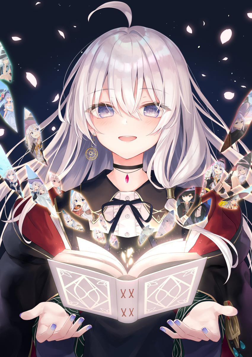 1girl, :d, ahoge, amnesia_(majo_no_tabitabi), azuuru, black_choker, black_dress, black_jacket