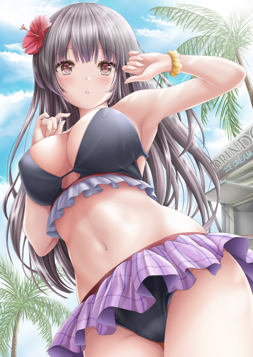 1girl, :o, akino_irori, armpits, arms_up, bikini, bikini_skirt, black_bikini