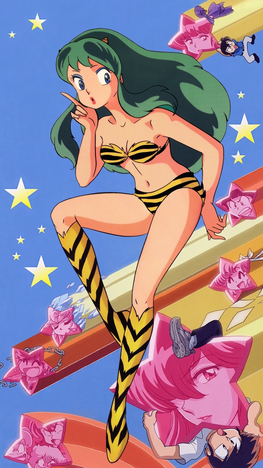 1980s_(style), 2boys, 6+girls, benten_(urusei_yatsura), bikini, blue_eyes, boots, chain