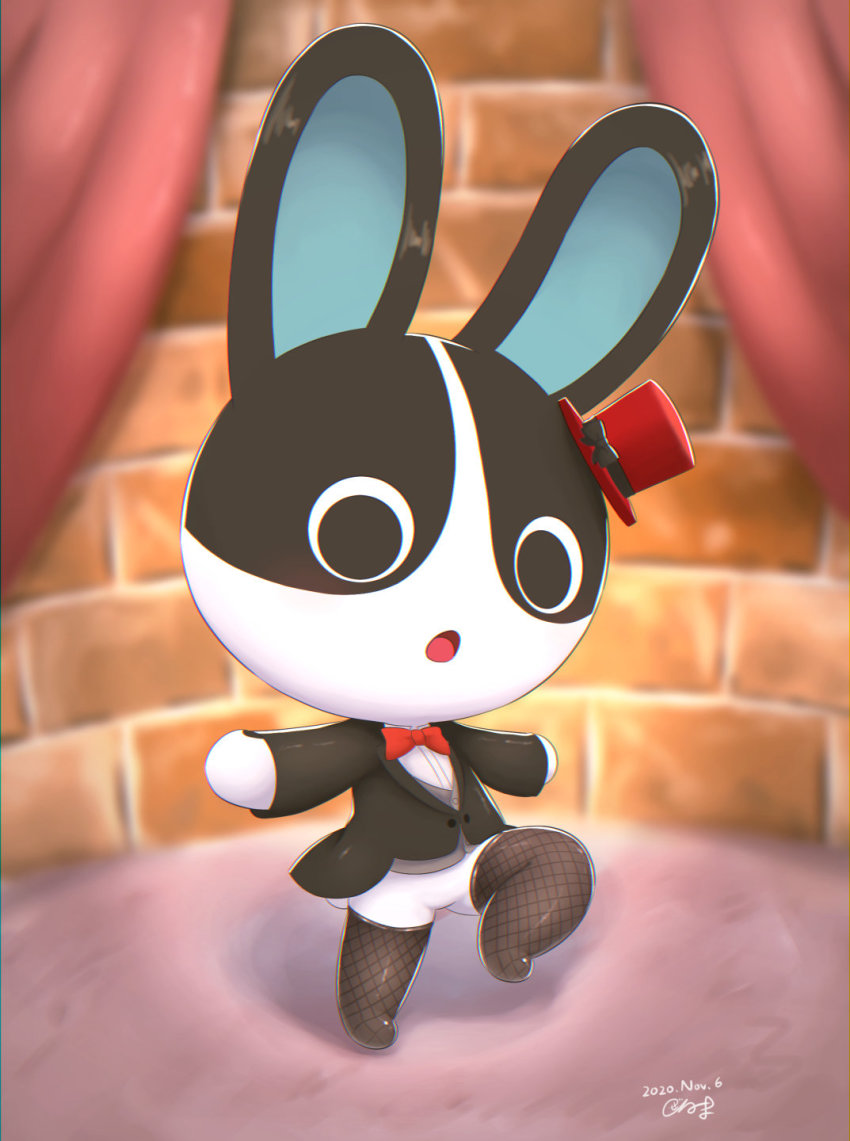 1girl, animal_crossing, animal_ears, black_eyes, black_legwear, bow, bowtie, brick_wall