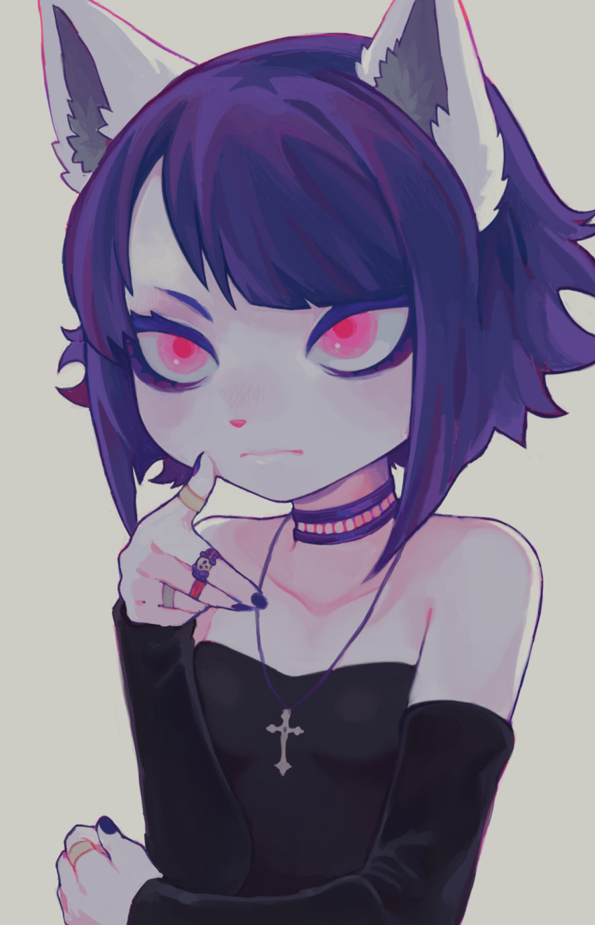 1girl, animal_ears, animal_nose, bare_shoulders, beige_background, body_fur, cat, cat_ears