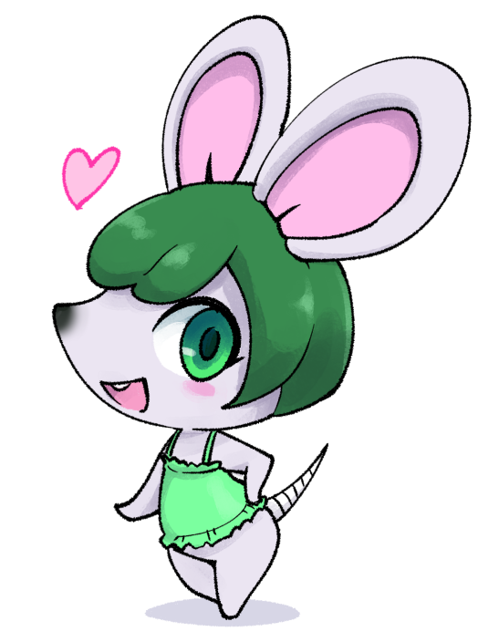 1girl, animal_crossing, animal_ears, animal_nose, blush, body_fur, bree_(animal_crossing), camisole, commentary_request, contrapposto, full_body, furry, furry_female, green_camisole, green_eyes, green_hair, grey_fur, hand_on_own_hip, heart, mouse_(animal), mouse_ears, mouse_girl, mouse_tail, nintendo, nollety, open_mouth, short_hair, simple_background, snout, solo, standing, tail