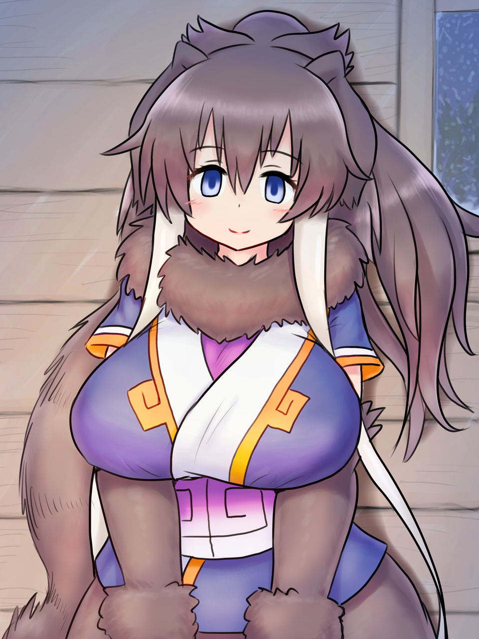 1girl, animal_ears, blue_eyes, breasts, brown_hair, closed_mouth, detached_sleeves, empty_eyes