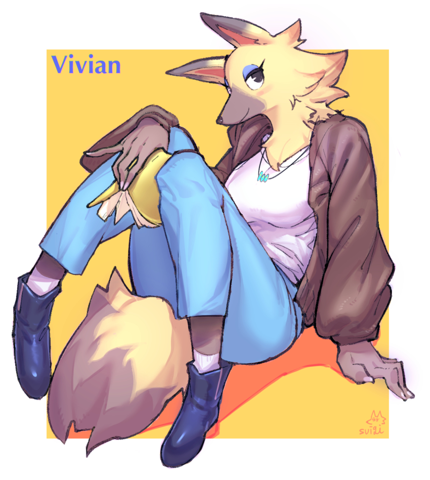 1girl, animal_crossing, animal_nose, artist_name, blush, body_fur, book, boots, breasts, character_name, commentary_request, denim, furry, furry_female, highres, holding, holding_book, jeans, looking_at_viewer, medium_breasts, nintendo, pants, signature, sitting, smile, snout, socks, solo, suigi, tail, vivian_(animal_crossing), white_socks, yellow_fur