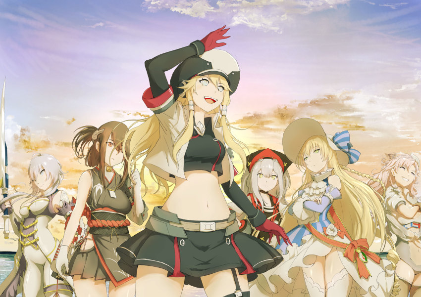 6+girls, aqua_eyes, black_skirt, blonde_hair, blue_eyes, blue_oath, braid, breasts