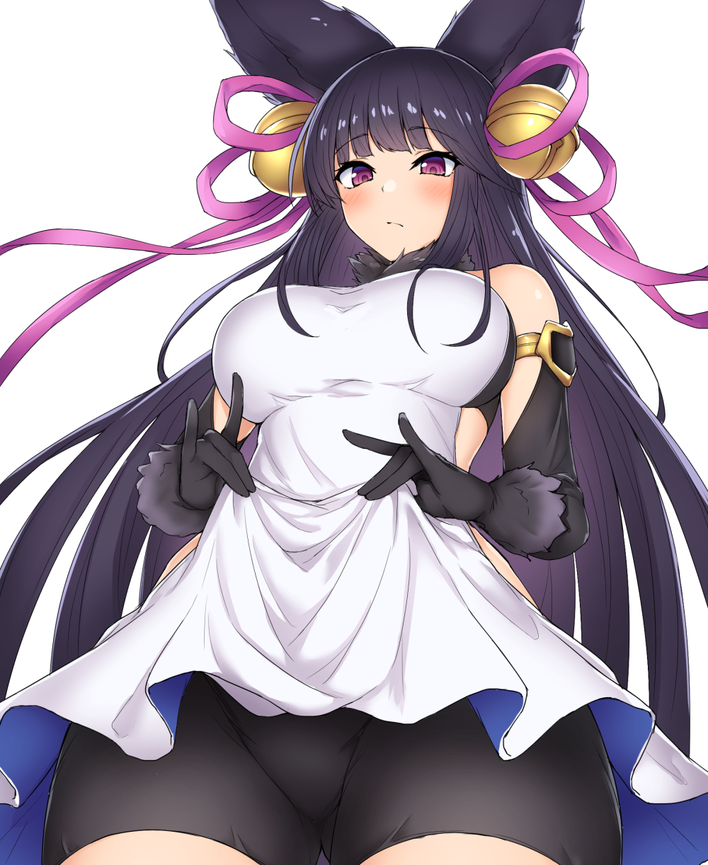 1girl, bell, bike_shorts, black_gloves, black_hair, blunt_bangs, breasts, closed_mouth