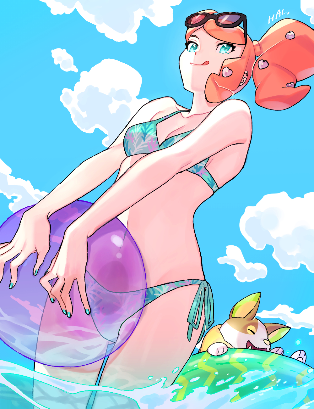 1girl, :q, aqua_eyes, ball, bare_arms, bikini, breasts, cleavage, closed_mouth, cloud, collarbone, commentary_request, day, eyelashes, eyewear_on_head, gen_8_pokemon, green_nails, hair_ornament, heart, heart_hair_ornament, highres, holding, holding_ball, honoboooono, innertube, long_hair, medium_breasts, midriff, nail_polish, navel, nintendo, orange_hair, outdoors, pokemon, pokemon_(creature), pokemon_sword_and_shield, side-tie_bikini_bottom, side_ponytail, sky, smile, sonia_(pokemon), sunglasses, swim_ring, swimsuit, tongue, tongue_out, wading, water, yamper