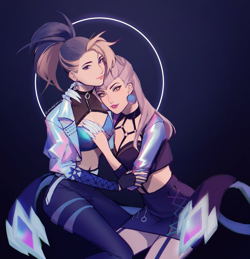 2girls, absurdres, akali, asymmetrical_clothes, claws, cropped_jacket, earrings, evelynn_(league_of_legends), garter_straps, highres, jewelry, league_of_legends, long_hair, looking_at_viewer, multicolored_hair, multiple_girls, open_clothes, ponytail, skirt, thighhighs, utamaruu, yellow_eyes, yuri