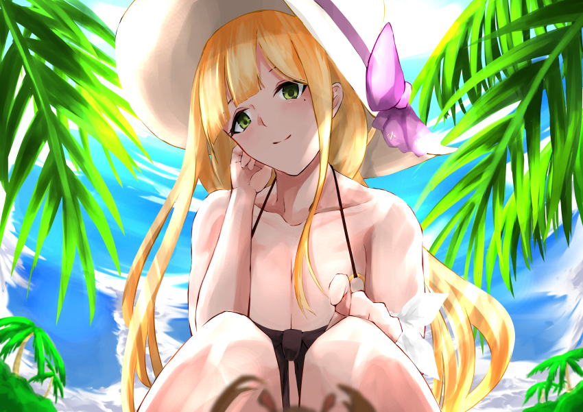 1girl, absurdres, bare_shoulders, bikini, black_bikini, blonde_hair, blue_oath, breasts, cleavage, closed_mouth, collarbone, green_eyes, hand_on_head, hat, highres, hood_(blue_oath), hood_(rutile_radiance)_(blue_oath), long_hair, looking_at_viewer, medium_breasts, mole, mole_under_eye, sitting, smile, solo, solo_focus, sun_hat, swimsuit, white_hat, yuuran_create