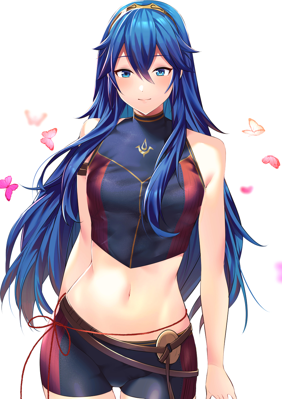 1girl, ameno_(a_meno0), armlet, bare_shoulders, blue_eyes, blue_hair, bug, butterfly