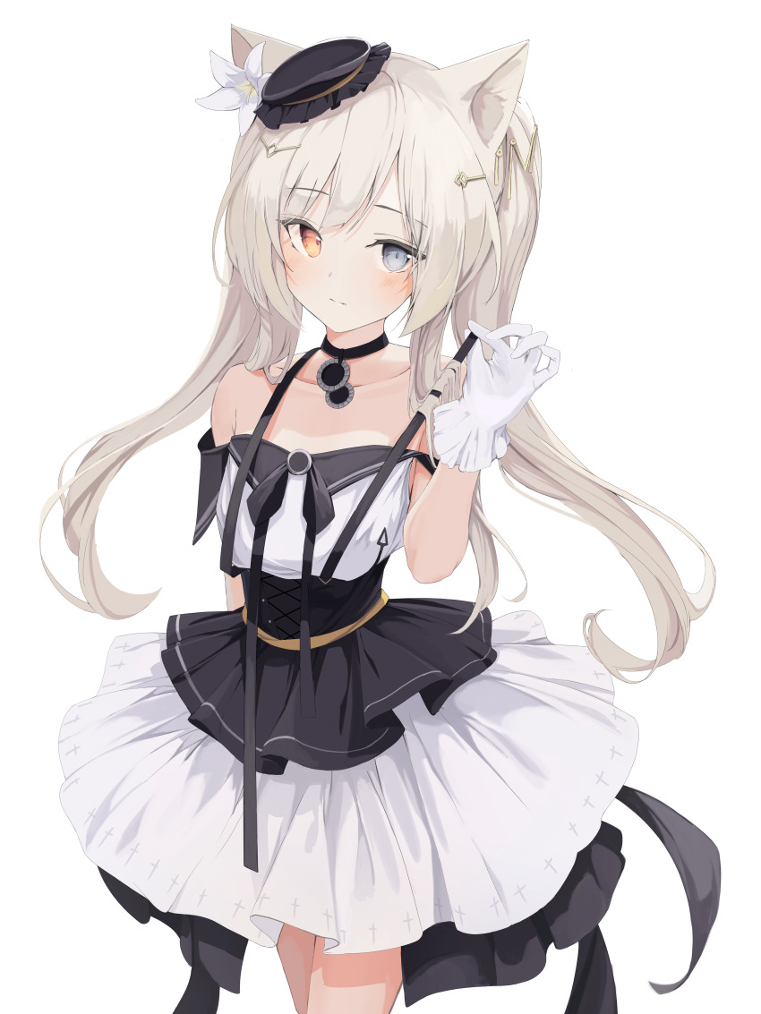 1girl, absurdres, animal_ears, arknights, bare_shoulders, black_choker, black_dress, black_hat, blonde_hair, blue_eyes, blush, cat_ears, choker, collarbone, commentary_request, dress, flat_chest, flower, gloves, hair_flower, hair_ornament, hairclip, hand_up, hat, heterochromia, highres, holding_strap, layered_dress, long_hair, looking_at_viewer, mikisai, multicolored_dress, nightmare_(arknights), nightmare_(light_and_shadow)_(arknights), official_alternate_costume, ribbon, simple_background, solo, standing, twintails, white_background, white_dress, white_flower, white_gloves