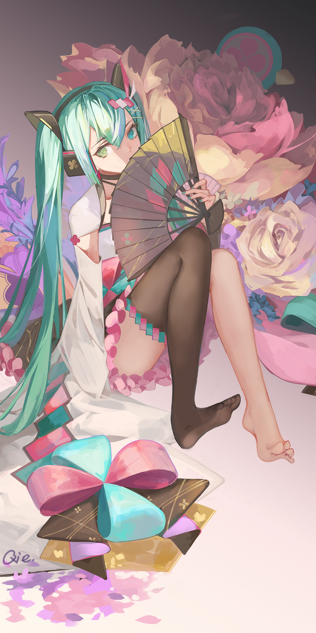 1girl, aqua_hair, artist_name, asymmetrical_legwear, barefoot, black_choker, black_hairband, black_thighhighs