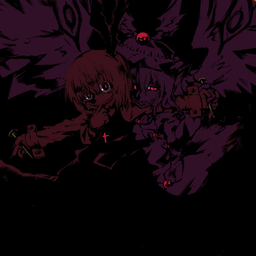 2girls, animal_ears, blonde_hair, creepy, dark, female_focus, glowing, glowing_eyes, grin, hair_ribbon, hat, horror_(theme), kome_(404), multiple_girls, mystia_lorelei, nail_(hardware), red_eyes, ribbon, rumia, sharp_teeth, short_hair, smile, tears, teeth, touhou, wings