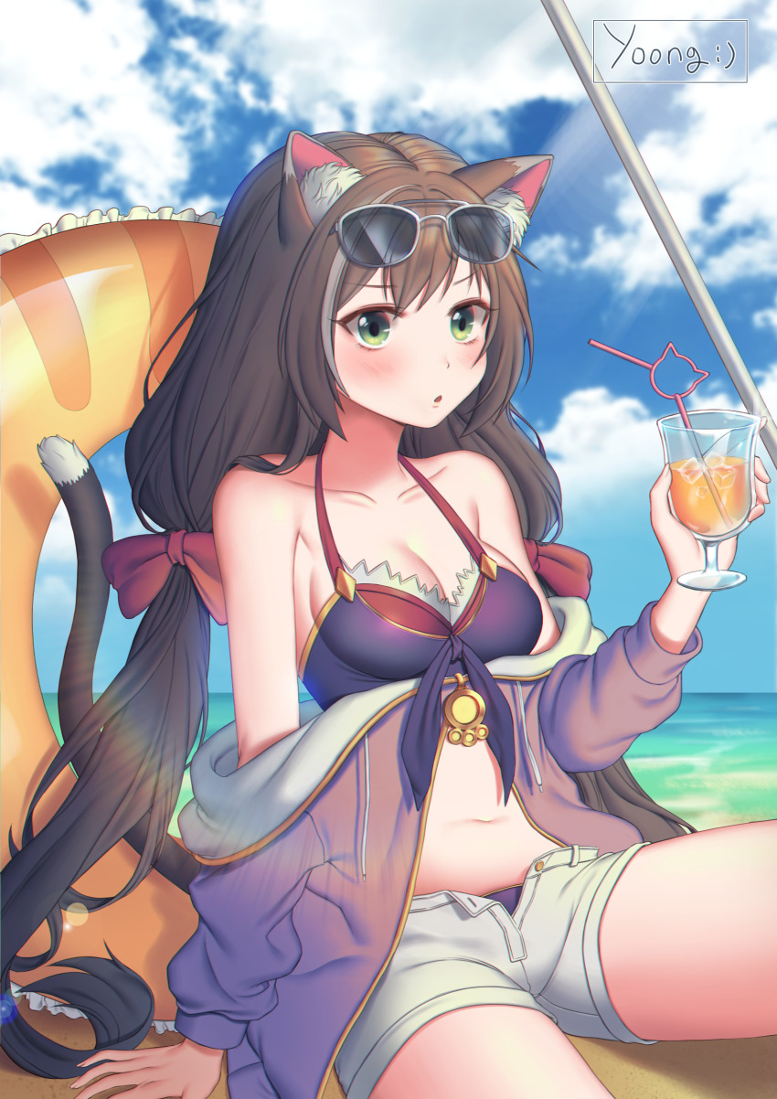 1girl, :o, absurdres, animal_ear_fluff, animal_ears, bare_shoulders, bikini, black_hair