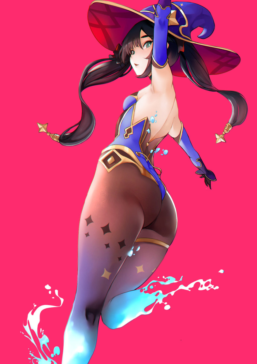 1girl, ass, breasts, brown_hair, commentary_request, elbow_gloves, from_behind, genshin_impact